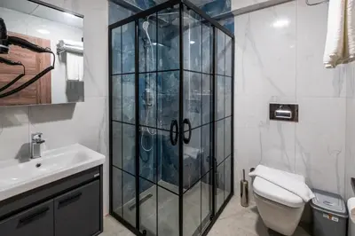 a bathroom with a shower and a toilet and a sink at Avsa Artemis Hotel in Avsa Adasi
