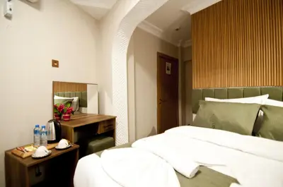 a bedroom with a bed and a desk and a mirror at Aurora Eco Hotel in Istanbul