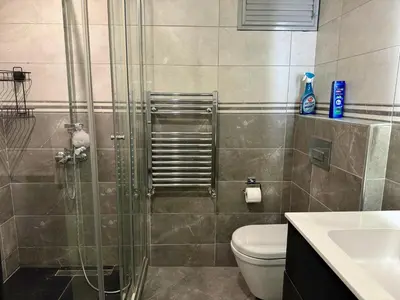 a bathroom with a shower with a toilet and a sink at Bomonti 42 Suites in Istanbul