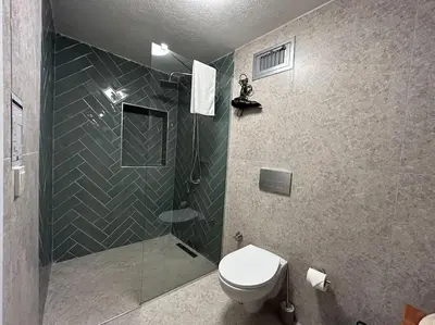 a bathroom with a shower with a toilet and a glass shower at Villa Arancia Istanbul - Garden, BBQ, Sauna & Turkish Bath by the Tram in Fatih in Istanbul