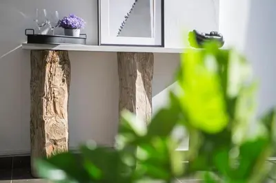 a shelf on a wall with a picture and a plant at Stylish Duplex House with a Special Terrace in Istanbul