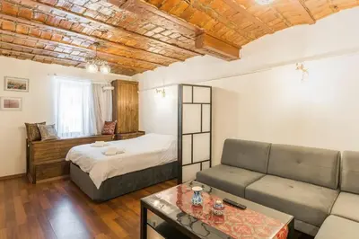 a living room with a bed and a couch at Beautiful 1 Br Apt. w/AC 400 meters Taksim Square in Istanbul