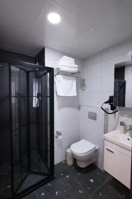 a bathroom with a shower and a toilet and a sink at Evra Suites Hotel in Istanbul