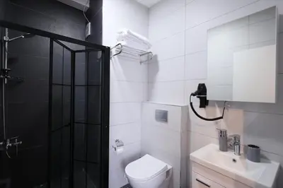 a bathroom with a toilet and a sink and a shower at Evra Suites Hotel in Istanbul
