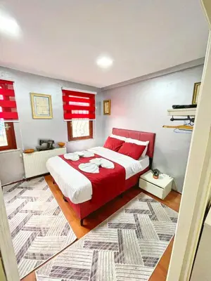 a bedroom with a red bed and a rug at Taksim Ottoman Style Hotel in Istanbul
