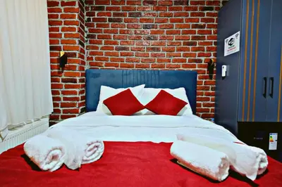 a bedroom with a large bed with red pillows at mansion yellow hotel in Istanbul