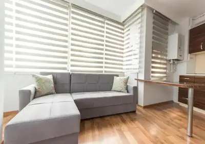 a living room with a gray couch in front of a window at Zeplin Otel in Istanbul
