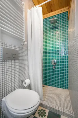 a bathroom with a toilet and a shower at Turquoise House Featured in Elle Decor Magazine in Istanbul