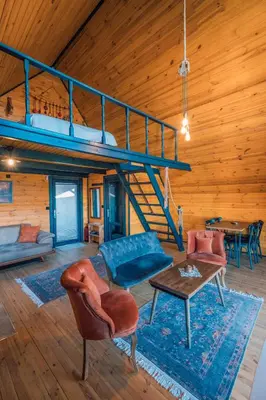 a living room with a couch and a loft at Sapanca Kırsal Silence in Sapanca