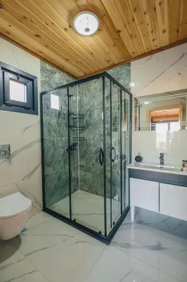 a bathroom with a glass shower and a toilet at Sapanca Kırsal Silence in Sapanca