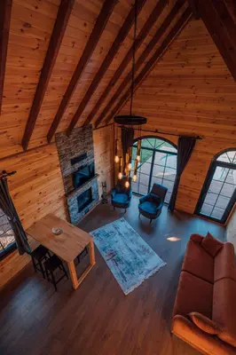 an overhead view of a living room with a fireplace at Sapanca Kırsal Silence in Sapanca