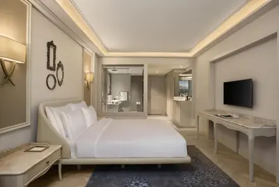 a bedroom with a bed and a desk and a television at Lazzoni Hotel in Istanbul