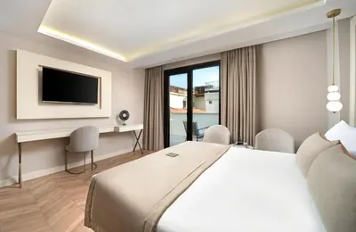 a hotel room with a bed and a desk and a television at Great Fortune Concept Hotel in Istanbul