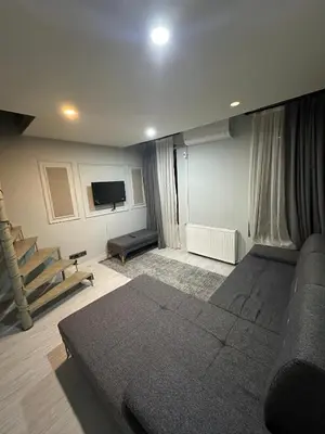 a living room with a large bed and a television at Moon suit in Istanbul