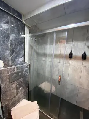 a bathroom with a shower and a toilet at Green Palmiye Hotel in Avcılar