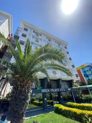 a palm tree in front of a building at Green Palmiye Hotel in Avcılar
