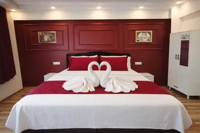 two swans sitting on top of a bed at Valentina Apart Hotel in Istanbul