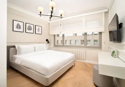 a bedroom with a large white bed and a window at Vucino Suites in Istanbul