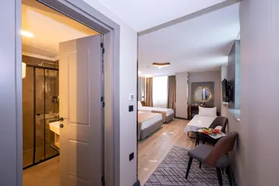 a hotel room with a bed and a bathroom at Vess Hotel in Istanbul