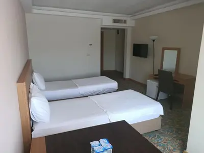 a hotel room with two beds and a desk at Helenapolis Otel in Yalova