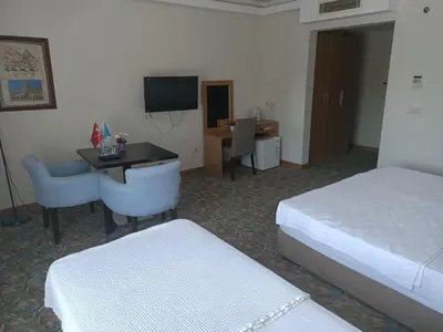 a hotel room with a bedroom with a bed and a desk at Helenapolis Otel in Yalova