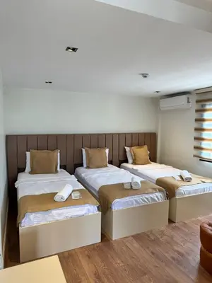three beds in a room with wooden floors at Garden Elisa Hotel in Istanbul