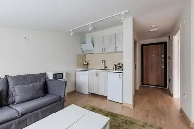 a living room with a couch and a kitchen at Cozy New Penthouse 1BD Nisantasi Terrace Gem! #334 in Istanbul