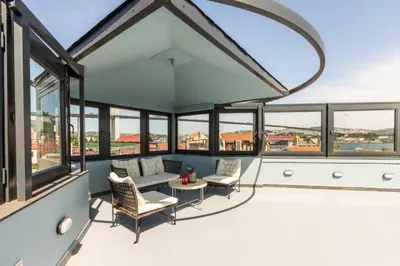a view of a balcony with a large window at Gorgeous Airy 2BD2Bath Bosphorus Views! #358 in Istanbul