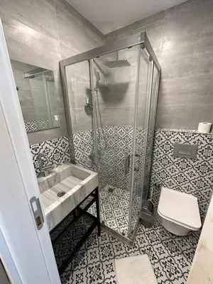 a bathroom with a shower and a sink and a toilet at Yellowhouse Room 2 in Istanbul