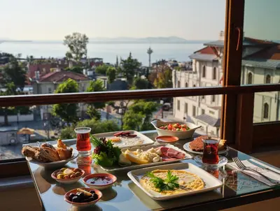 a table with plates of food on top of a window at 1207 Hotel Special Class Sultanahmet in Istanbul