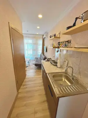 a kitchen with a sink and a living room at Dila Apart Hotel in Istanbul