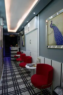 a waiting room with red chairs and a picture of a peacock at Hotel Mara İstanbul in Istanbul