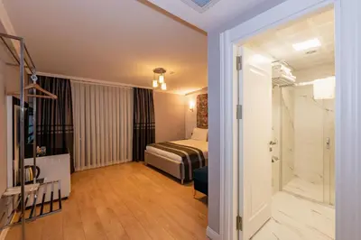 a hotel room with a bed and a shower at The Now Hotel in Istanbul