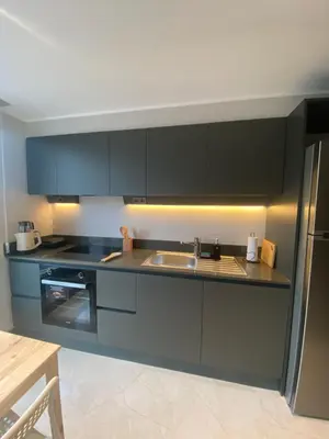 a kitchen with dark blue cabinets and a sink at NEW Modern Central 2BR 2BA in Istanbul