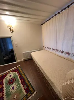 a bedroom with a bed and a rug and a tv at Konak Maksem in Bursa