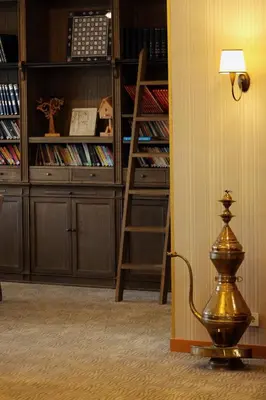 a room with a book shelf and a lamp at Sarissa Hotel in Istanbul