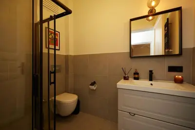 a bathroom with a sink and a toilet and a mirror at Stunning 3BR 2Bath AC in Center - Santur D3 in Istanbul