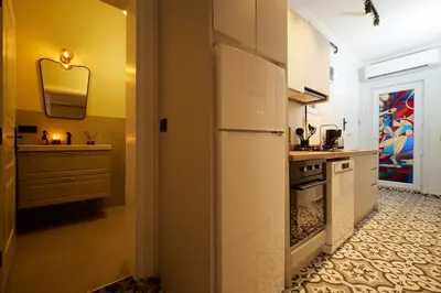 a kitchen with a white refrigerator and a sink at Spacious 6BR 3Bath AC in Center - Santur D5-6 in Istanbul