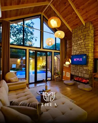 a living room with a couch and a fireplace at THEA Sapanca Bungalov in Dilekli