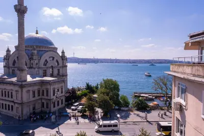 a building with a mosque next to a body of water at Contemporary Waterfront Apt with a Stunning View in Istanbul