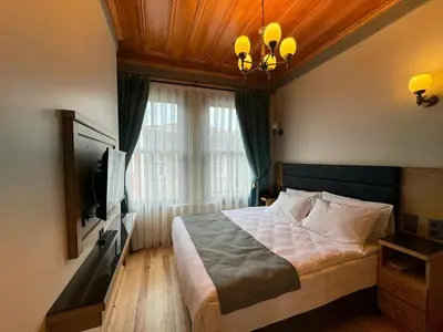 a bedroom with a bed with a television and a ceiling at Abelia Mansion Hotel in Istanbul