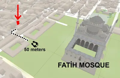 a map with a red arrow pointing to a faith mosque at Excellent Apartments Fatih Legacy in Istanbul