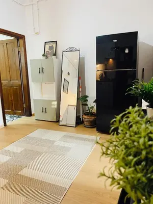 a living room with a black refrigerator and a rug at Stylish & Comfort Apartment in Ortaköy in Istanbul