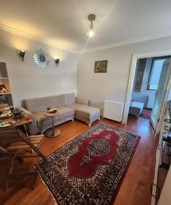 a living room with a couch and a rug at Taksim Private Terrace Close to Antique Store Galata Port Cihangir in Istanbul