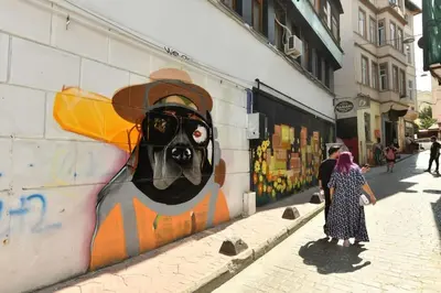 a woman standing next to a wall with a painting of a dog at Taksim Private Terrace Close to Antique Store Galata Port Cihangir in Istanbul