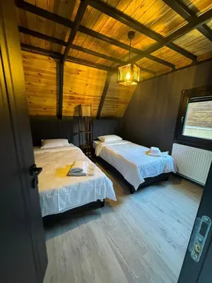 a bedroom with two beds in a room with wooden ceilings at Club Armada Bungalow Hotel Sapanca in Sapanca