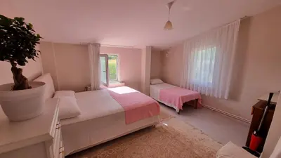 a bedroom with two beds and a potted plant at Close to IST Airport, Sea view& peaceful apartment in Arnavutköy