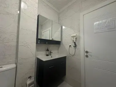 a bathroom with a sink and a mirror and a toilet at ALTAY Airport SUİT in Tayakadın