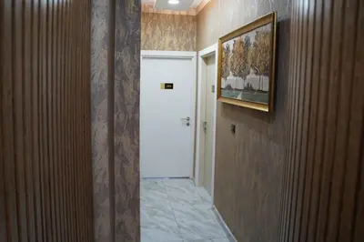 a hallway with a white door and a picture on the wall at Sword Suit Hotel in Istanbul