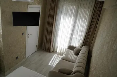 a living room with a couch and a flat screen tv at Sword Suit Hotel in Istanbul